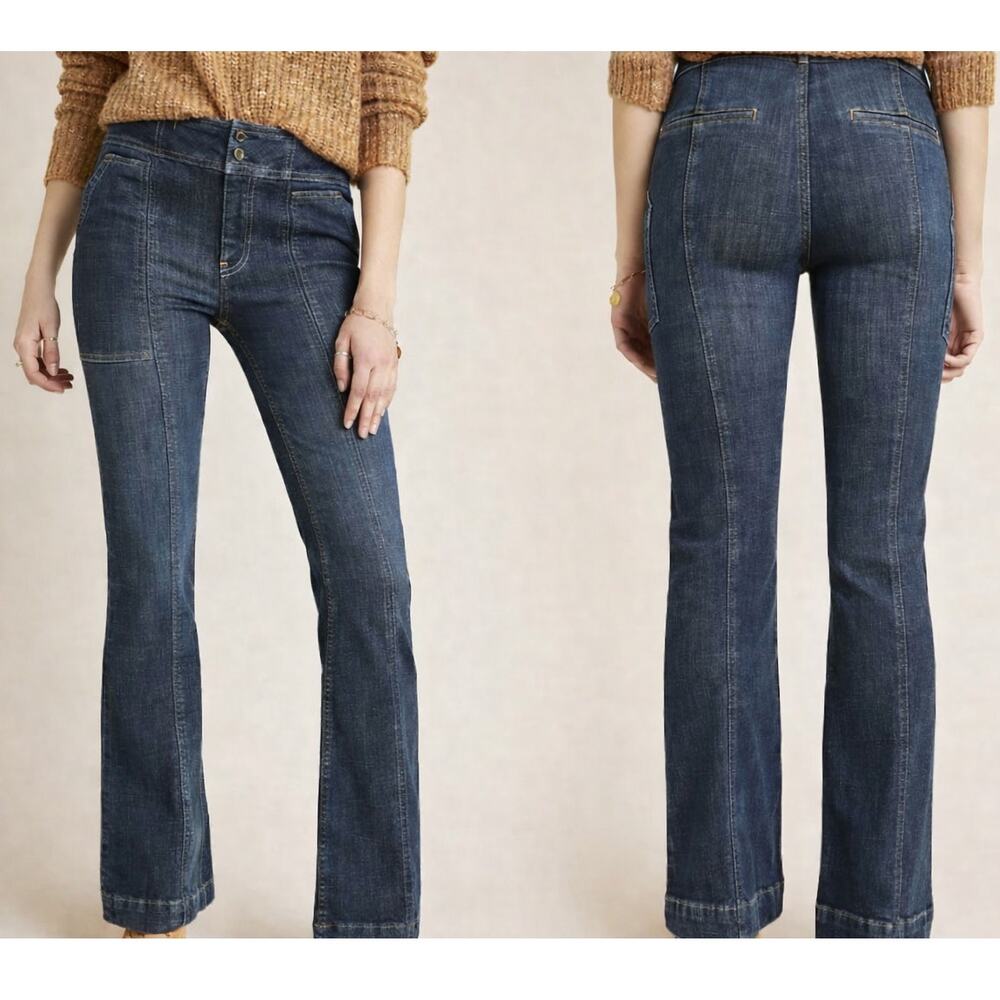 Pilcro High Rise Front Seam Crop Bootcut Jeans Blue Patch Pockets Women's 30